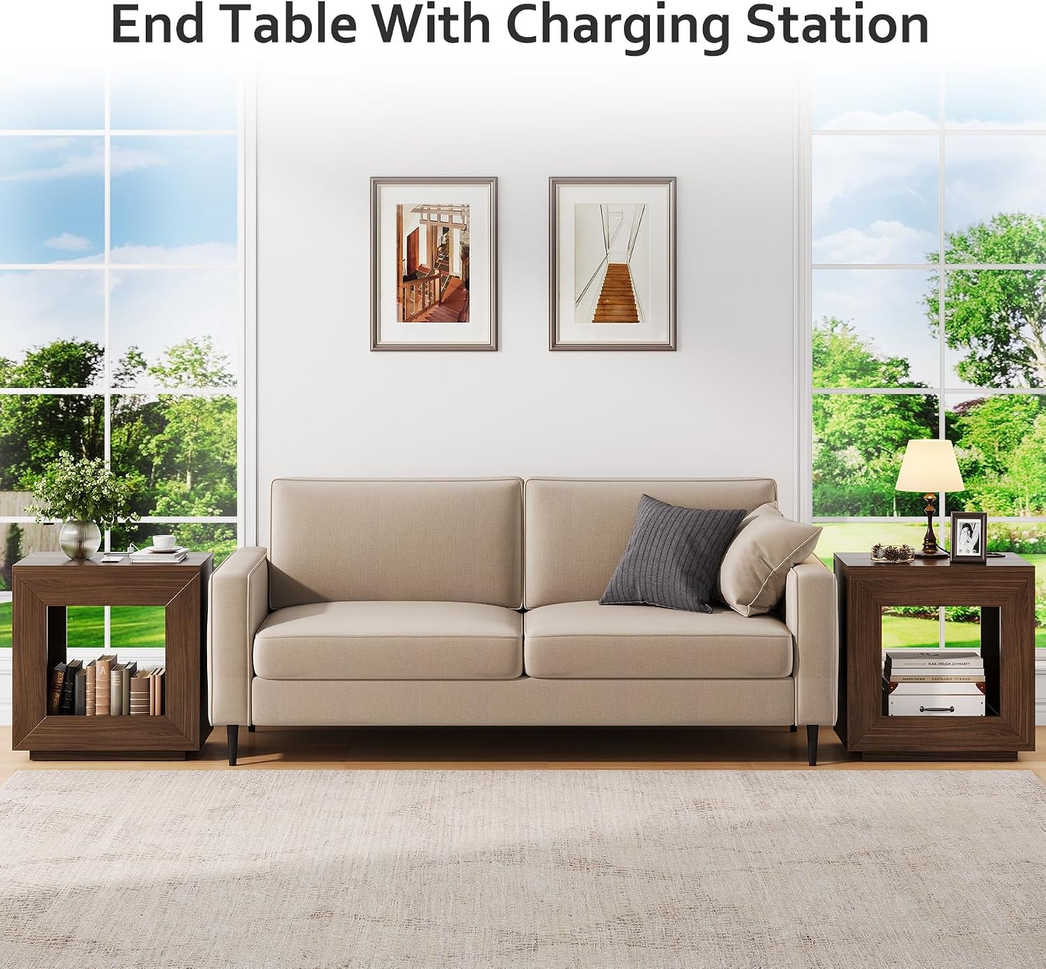 Rustic Wood End Table with Charging Station, 2 Tiered Side Table with Light Strip for Living Room, Entrance, Industrial Nightstand for Bedroom (Rustic Brown, 2pcs)