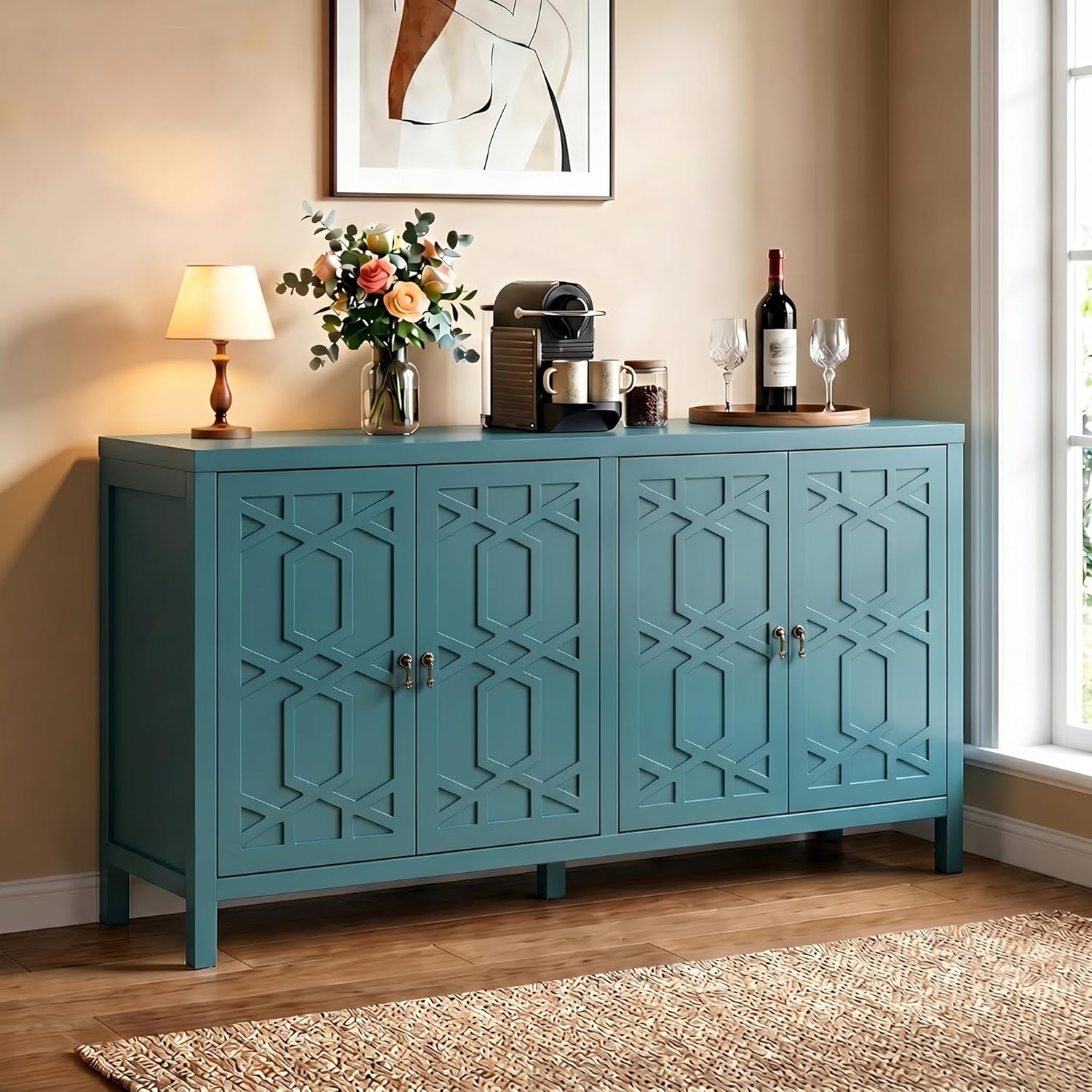 RoyalCraft Buffet Cabinet with Storage, 60" W Modern Coffee Bar Sideboard with 4 Doors & Adjustable Shelves, Painted Wooden Credenza for Dining Room, Kitchen, Living Room, Entryway, Turquoise Blue
