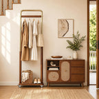 Taitiy Clothes Rack Solid Wood Coat Rack, Metal and Solid Wood Combination Clothing Rack with Wheels for Entryway, Bedroom, Living Room, Coat Racks Freestanding for Hanging Clothes Garment Scarf