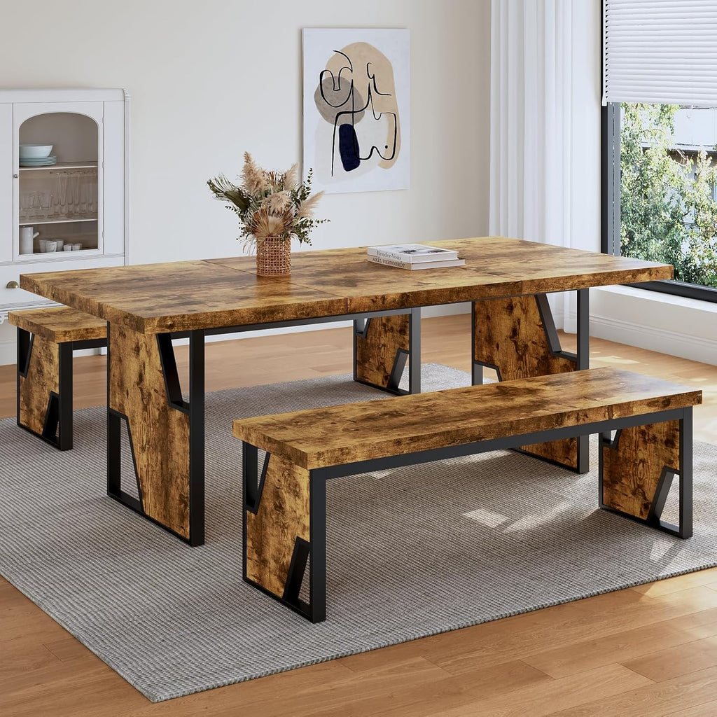 HIPIHOM 70.8" Wooden Dining Table with 2 Benches, Modern Kitchen Table and Chairs Set for 4-6 Person, Thickened MDF Wooden Table with Dining Bench for Living Dining Room, Kitchen, Office