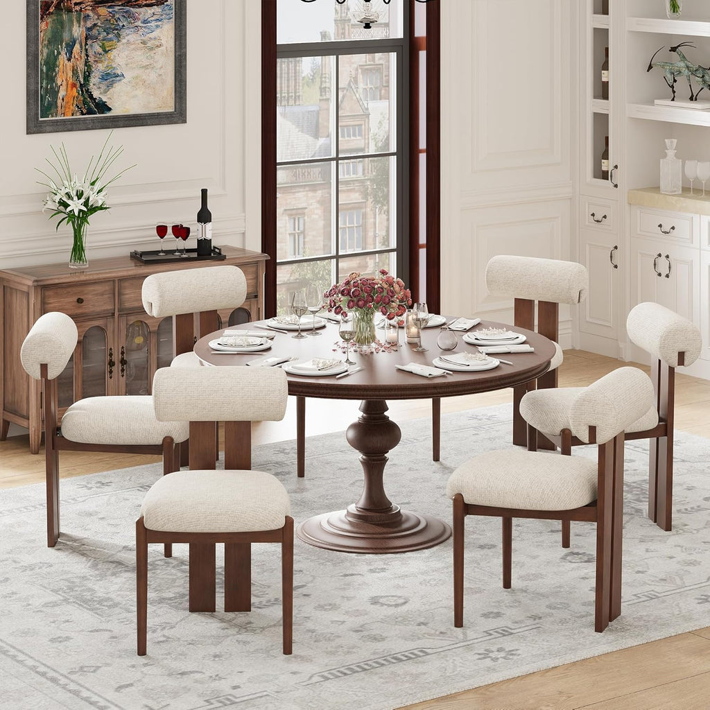 MALOL Modern Wooden Dining Chairs Set of 2, Upholstered Fabric Kitchen Chairs with Sculptural Backrest, Mid-Century Farmhouse Dining Room Chairs with Solid Wood Legs, Beige