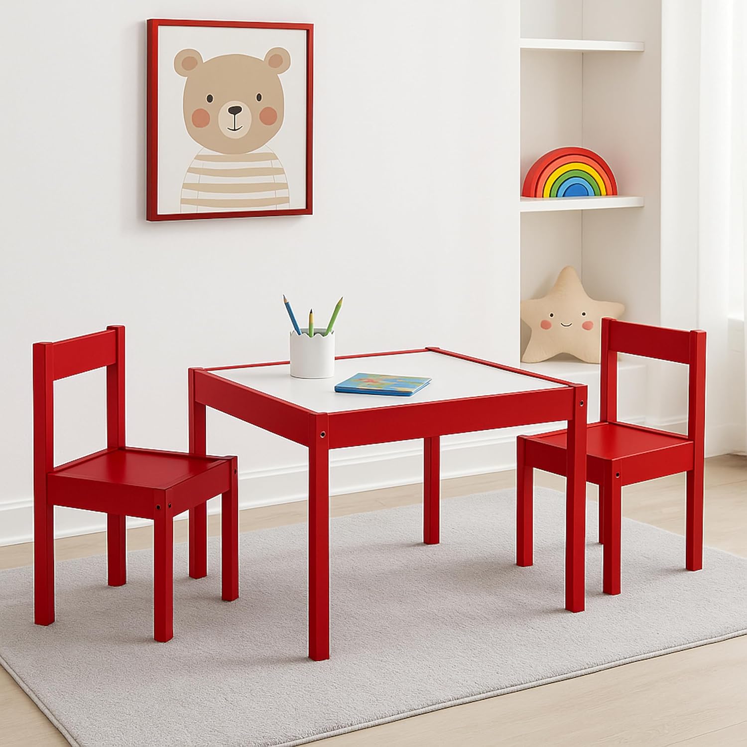 Olive & Opie Gibson 3-Piece Dry Erase Kids Table & Chair Set, Red