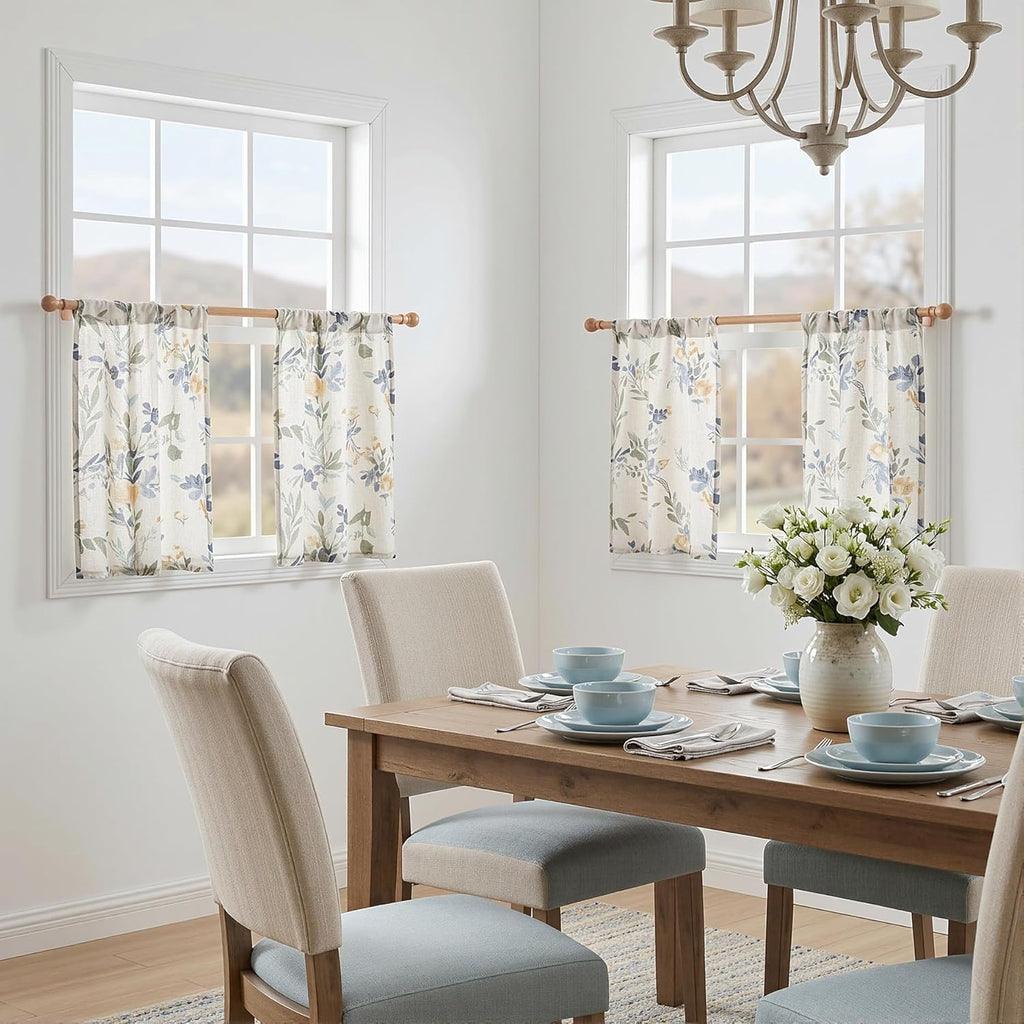 MYSKY HOME Floral Kitchen Curtains 24 Inch Length Linen Tier Curtains Farmhouse Blue Flower Patterned Small Window Treatments Airy Light Filtering Rod Pocket for Bathroom 2 Panels, Each 26" W