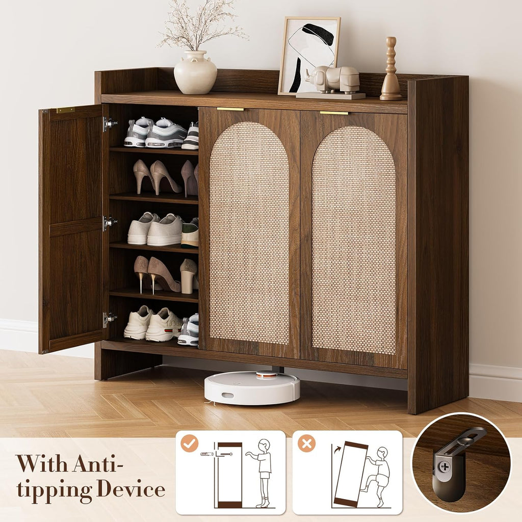 Shoe Cabinet Storage for Entryway - Rattan Accent Cabinet with 3 Doors & Adjustable Shelves, 6-Tier Large Wood Shoes Cabinets with Organizer Rack for Entry Way, Hallway, Living Room, Walnut