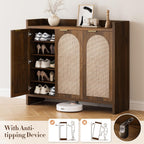 Shoe Cabinet Storage for Entryway - Rattan Accent Cabinet with 3 Doors & Adjustable Shelves, 6-Tier Large Wood Shoes Cabinets with Organizer Rack for Entry Way, Hallway, Living Room, Walnut