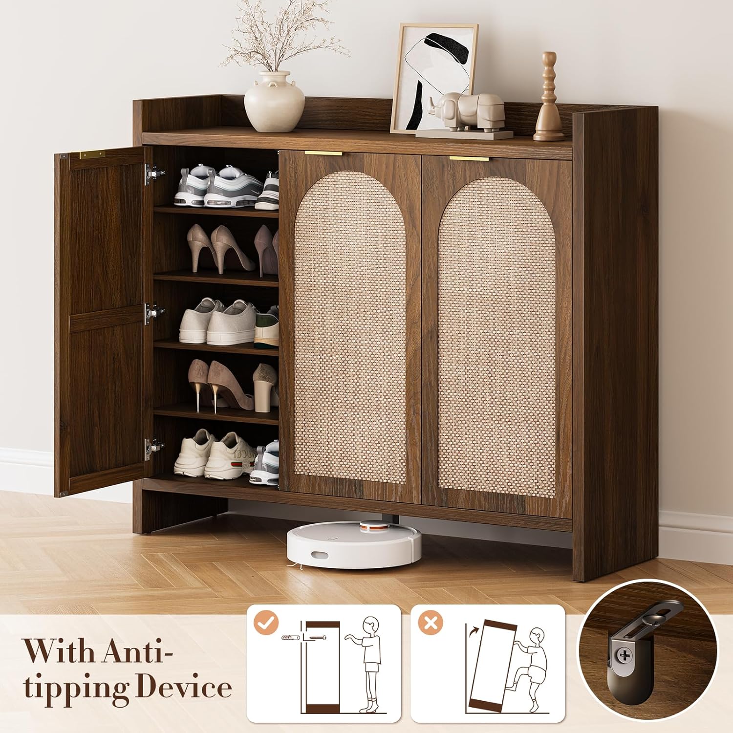 Shoe Cabinet Storage for Entryway - Rattan Accent Cabinet with 3 Doors & Adjustable Shelves, 6-Tier Large Wood Shoes Cabinets with Organizer Rack for Entry Way, Hallway, Living Room, Walnut
