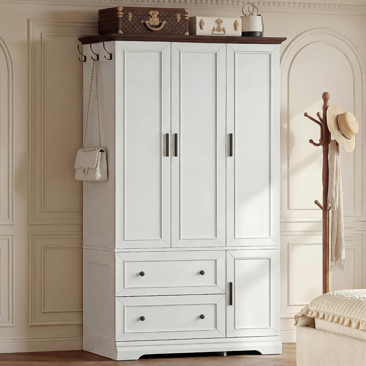 YESHOMY Armoire Wardrobe Closet with Drawers, 70.9" H x 21.1" D Wooden Closet with Hanging Rod, Fixed Shelves & Bottom Cabinet, Soft-Close Doors, Ball-Bearing Slides (White)