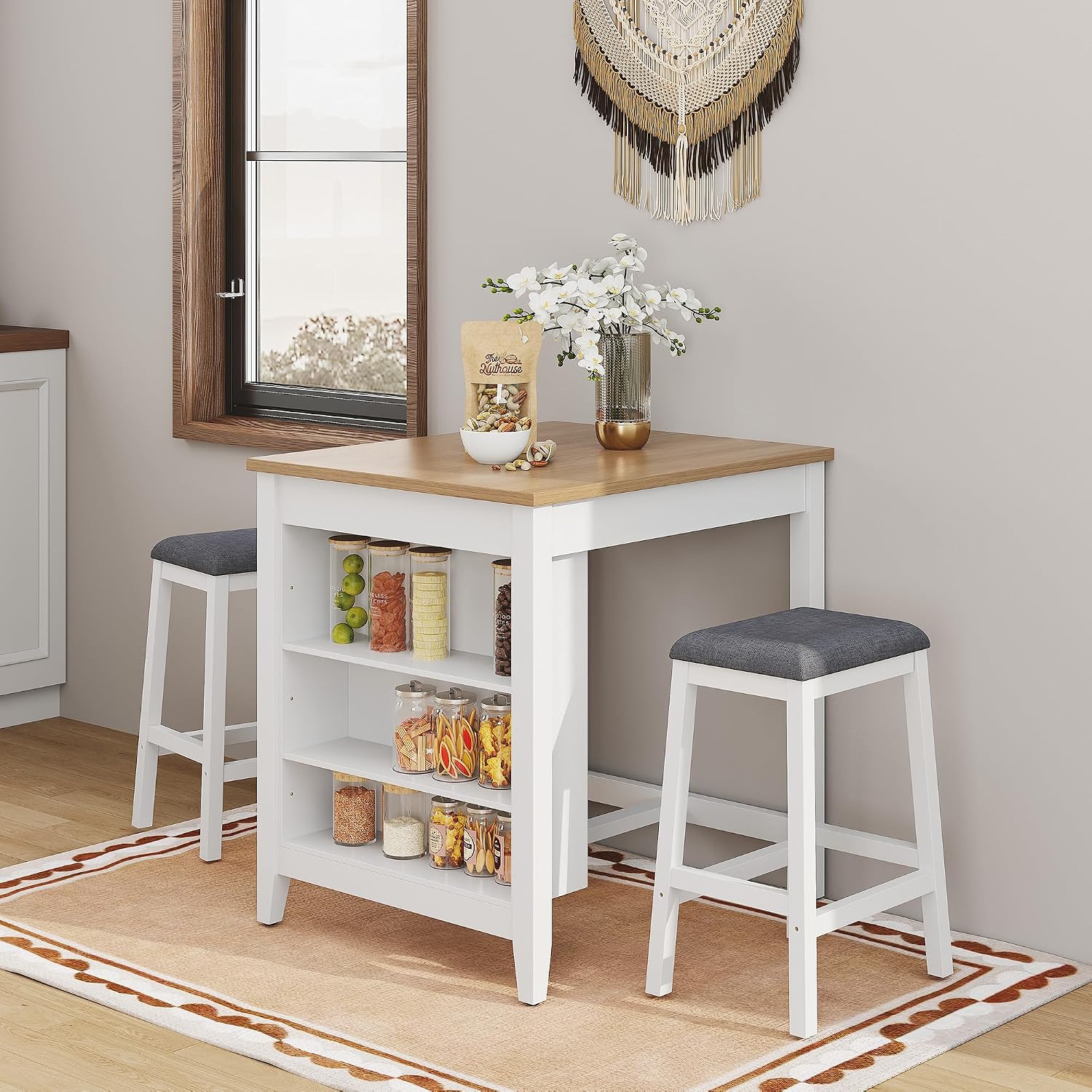 HLR Small Dining Table for 2, Farmhouse Kitchen Table with Storage Shelves, Modern Space-Saving Dinner Table, Square Compact Dining Table for Dining Room, Kitchen, Small Spaces, Apartment, White