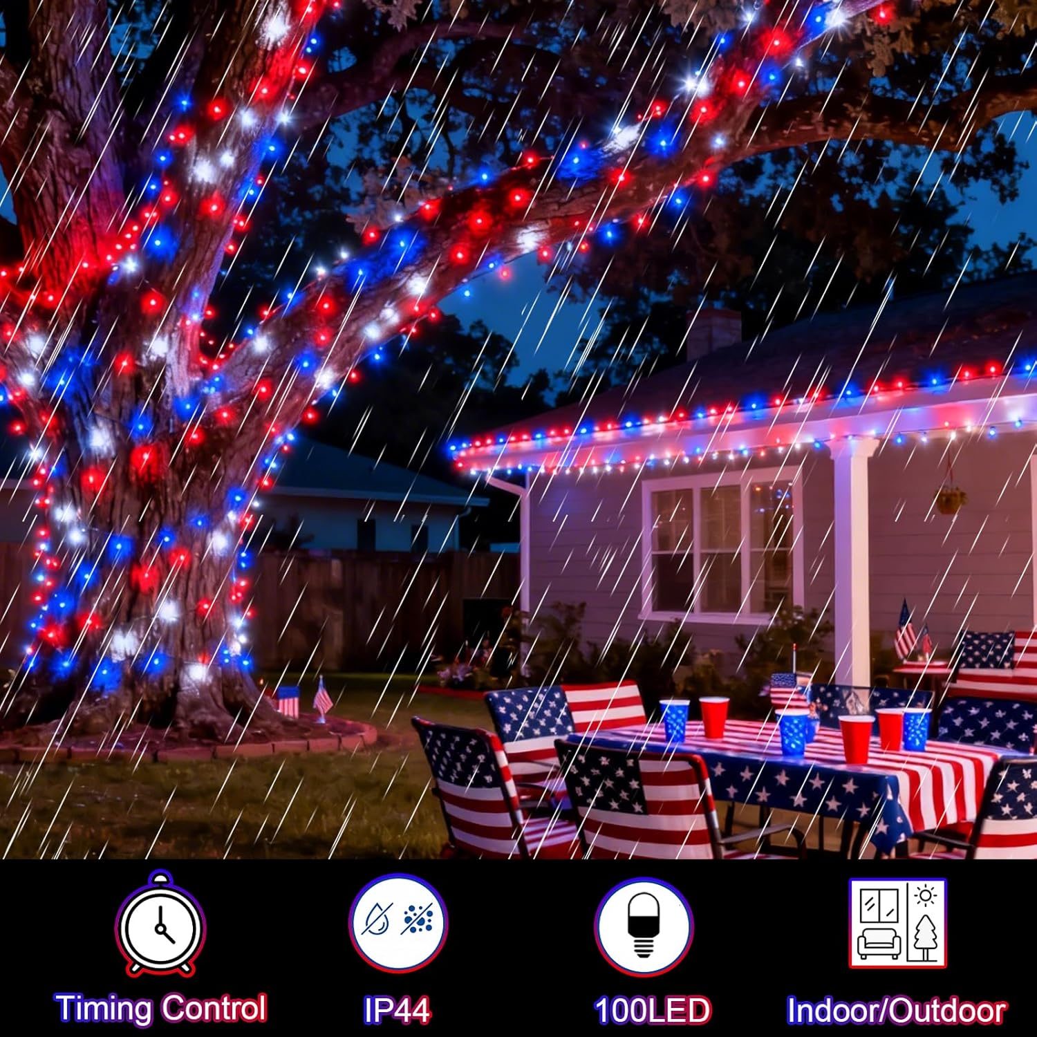 300 LED Patriotic String Lights, Red White & Blue, Clear Wire, Multi-Function, 30V, for Independence Day & Patriotic Decor