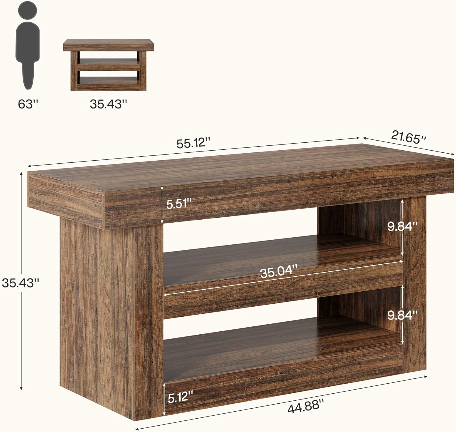 Tribesigns 55-Inch Kitchen Island with Storage, Farmhouse 3-Tier Stationary Island Table with Large Countertop, Wooden Coffee Bar Table Storage Cabinet for Kitchen, Dining Room, Living Room, Brown