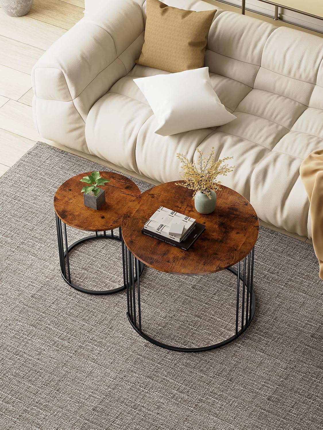 YORKING Nesting Coffee Table Set of 2, Round Table, Modern End Side Table Night Stand for Bedroom Dining Room (Brown)