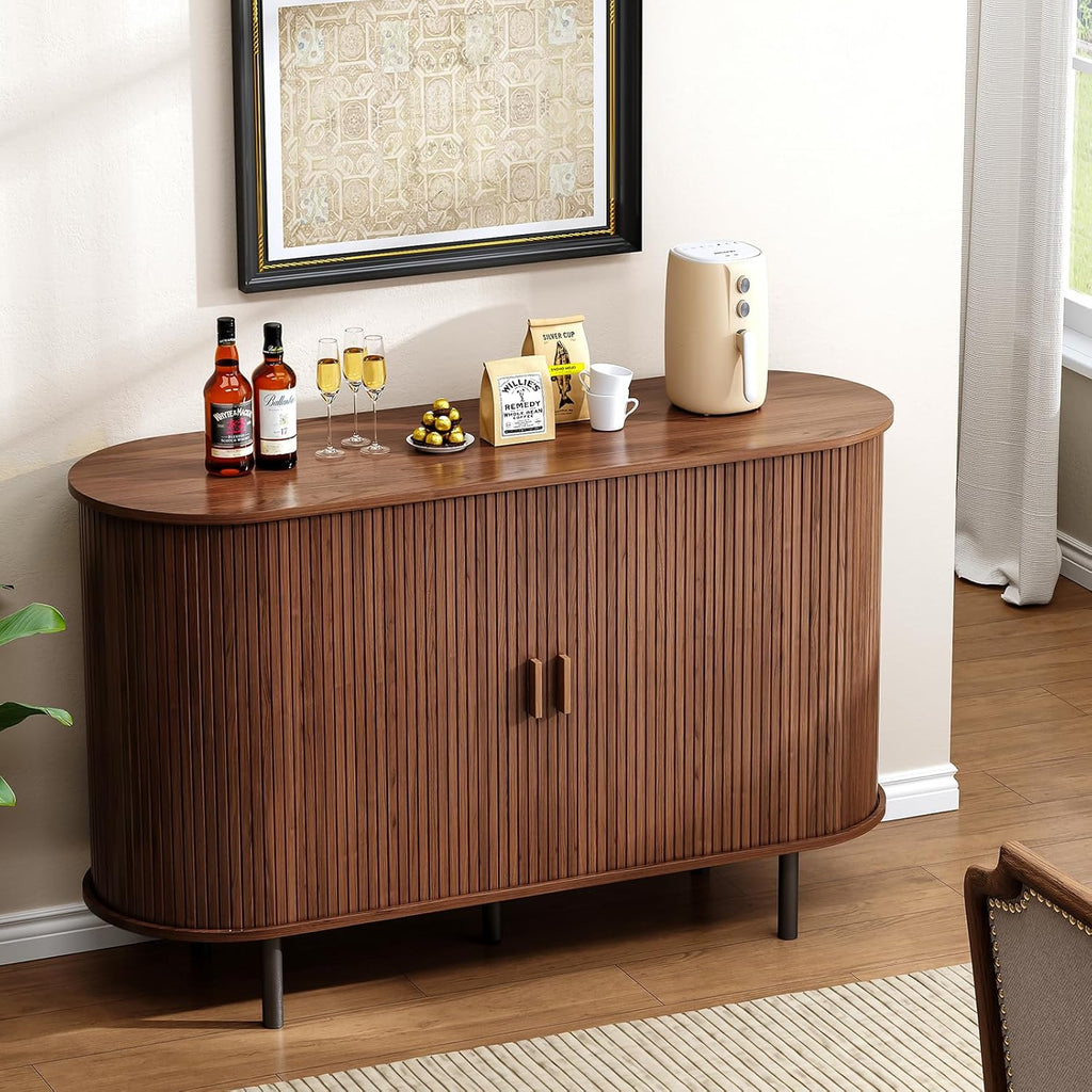 Buffet Cabinet with Storage, Fluted Sideboard Buffet with Sliding Door, Coffee Bar Cabinet with Adjustable Shelf, Console Table, Accent Table for Entryway, Kitchen (Walnut, 48 Inch)