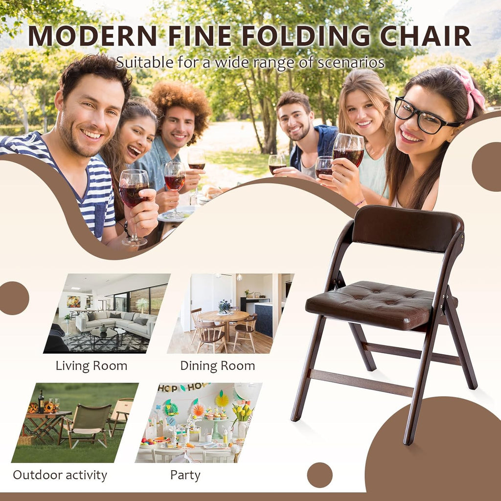 Wood Folding Chairs Set of 2, Upholstered Foldable Dining Chairs with Padded Seat and Backrest, Portable Accent Chairs for Kitchen, Dining Room, Apartment, Guest Seating, Walnut and Brown