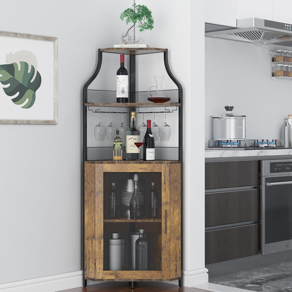 Corner Wine Cabinet Removable Design with Glass Shelves Mesh Doors Compact Sideboard and Buffet Cabinet Ideal for Home Bar and Living Room Storage