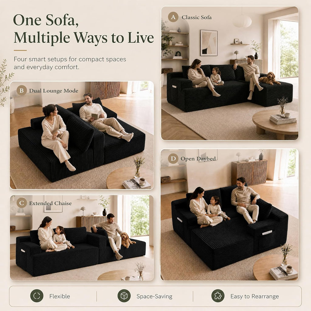 Boneless Couch Comfy Sectional Couches for Living Room,U Shaped Modular Cloud Couch Sofa, Minimalist Modular Sectional Sofa with Deep Seat (Black, 96" L Shaped with Right Facing Chaise)