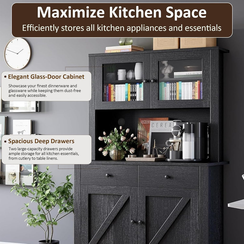 IDEALHOUSE 63" Kitchen Pantry Cabinet with Drawers, Hutch Cabinet with Storage, Microwave Stand, Adjustable Shelves, Freestanding Tall Pantry Storage for Dining Room, Living Room, Black