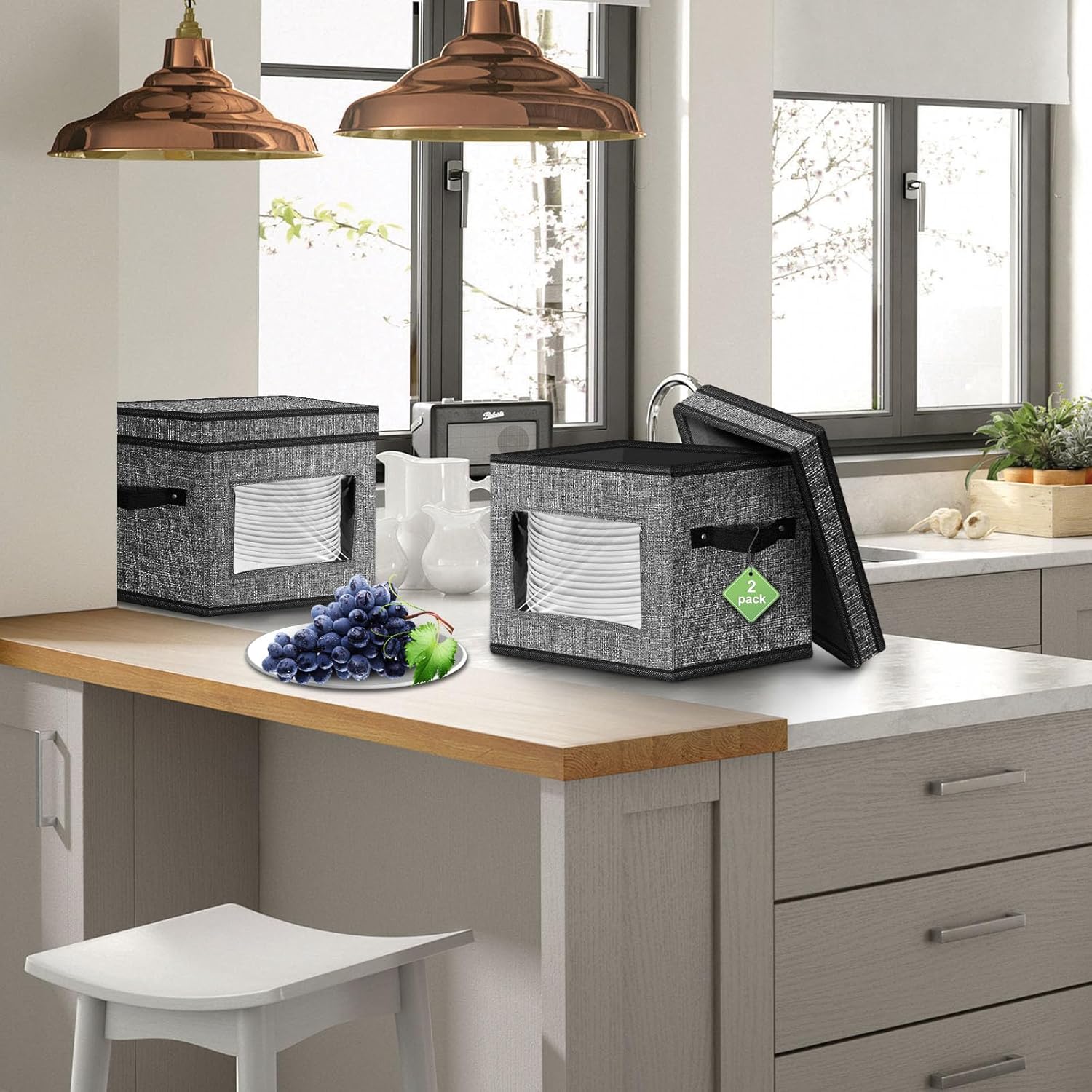 homyfort China Storage Containers With Lid and Handles, Dinnerware Storage Box for Dishes with 12 Felt Dividers, Hold 24 Plates, 12x 12, Set of 2, Grey