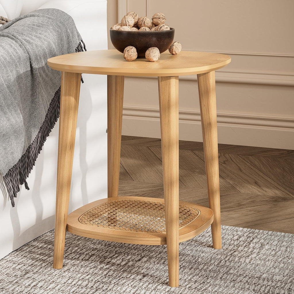 Boho End Table with Rattan Storage Shelf ,Square Sofa Beside Tables with Rounded Corners, Small Telephone Table- for Living Room, Vintage-Inspired Accent Corner Table, Natural Oak CJZ-D0635-OA