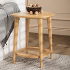 Boho End Table with Rattan Storage Shelf ,Square Sofa Beside Tables with Rounded Corners, Small Telephone Table- for Living Room, Vintage-Inspired Accent Corner Table, Natural Oak CJZ-D0635-OA