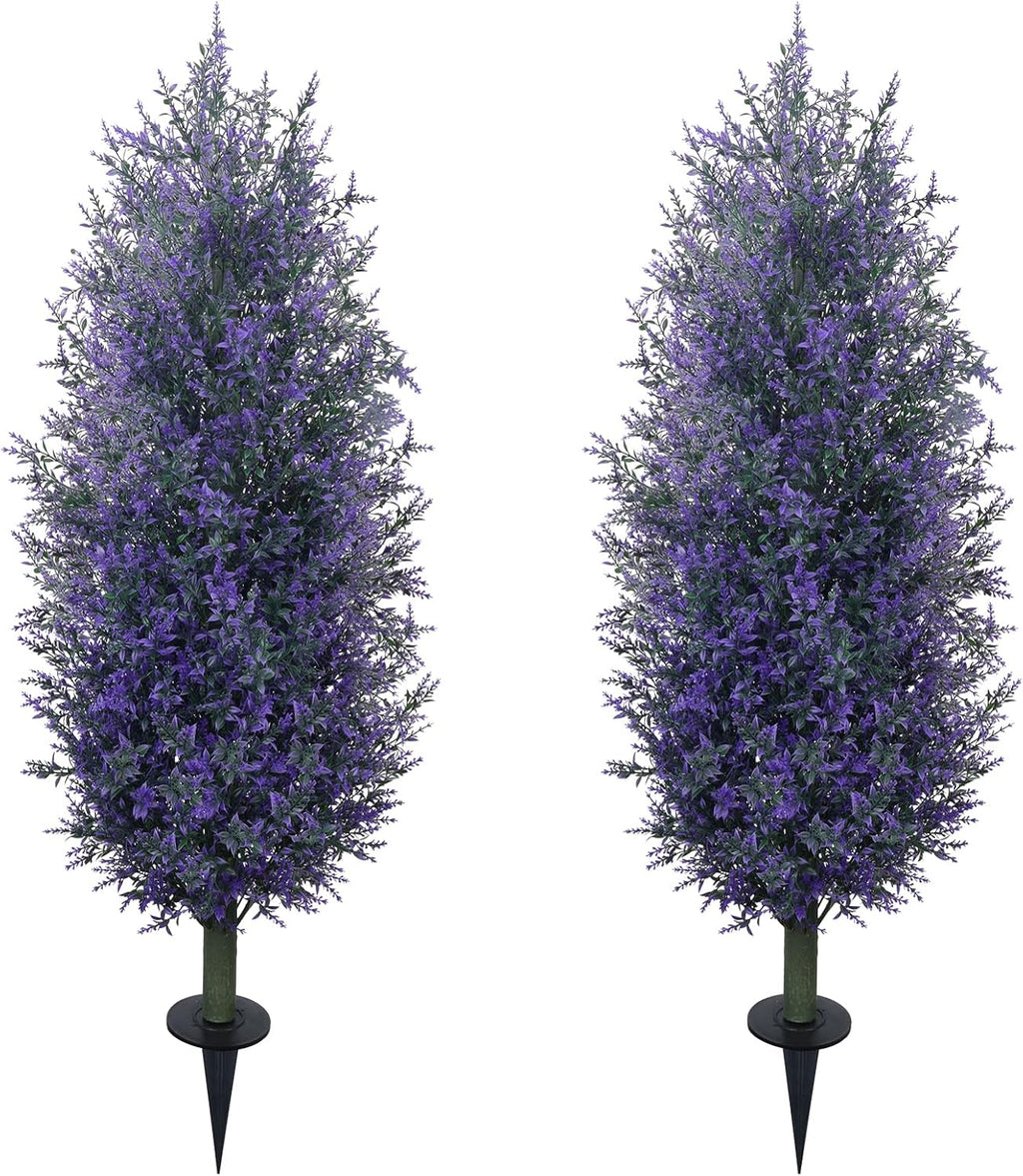 GTIDEA Artificial Purple Lavender Topiary Tree with Ground Spike, Artificial Outdoor Plants Fake Bushes UV Resistant Faux Shrubs Fade Proof for Outdoor Garden Front Decor, 2 Pack 4FT