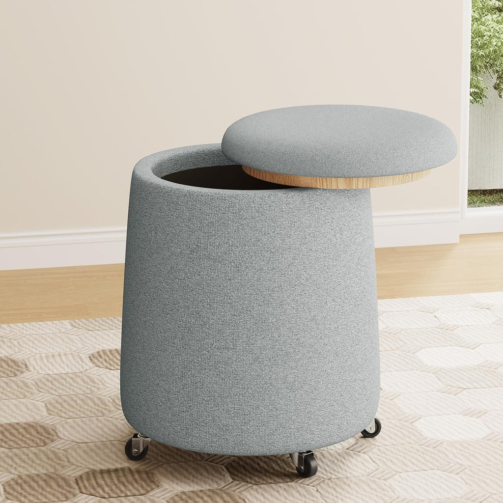 Storage Ottoman with Wheels, 15"W Swivel Rolling Foot Stool Boucle Terry Fabric Coffee Table Ottoman with Hidden Storage, Round Vanity Stools for Makeup Room Living Room Bedroom Entryway Dorm, Grey