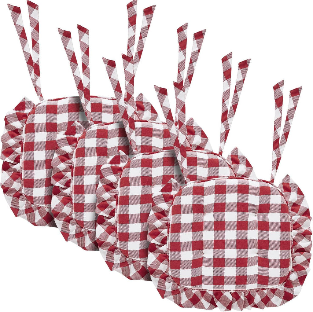 VHC Brands Chair Pad 16.5x18, Cotton Dining Room, Kitchen Chair Pads, Seat Cushion with Ties, Tucked, Annie Buffalo Check Collection, Rectangle 16.5x18, Country Red, Set of 4