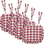 VHC Brands Chair Pad 16.5x18, Cotton Dining Room, Kitchen Chair Pads, Seat Cushion with Ties, Tucked, Annie Buffalo Check Collection, Rectangle 16.5x18, Country Red, Set of 4