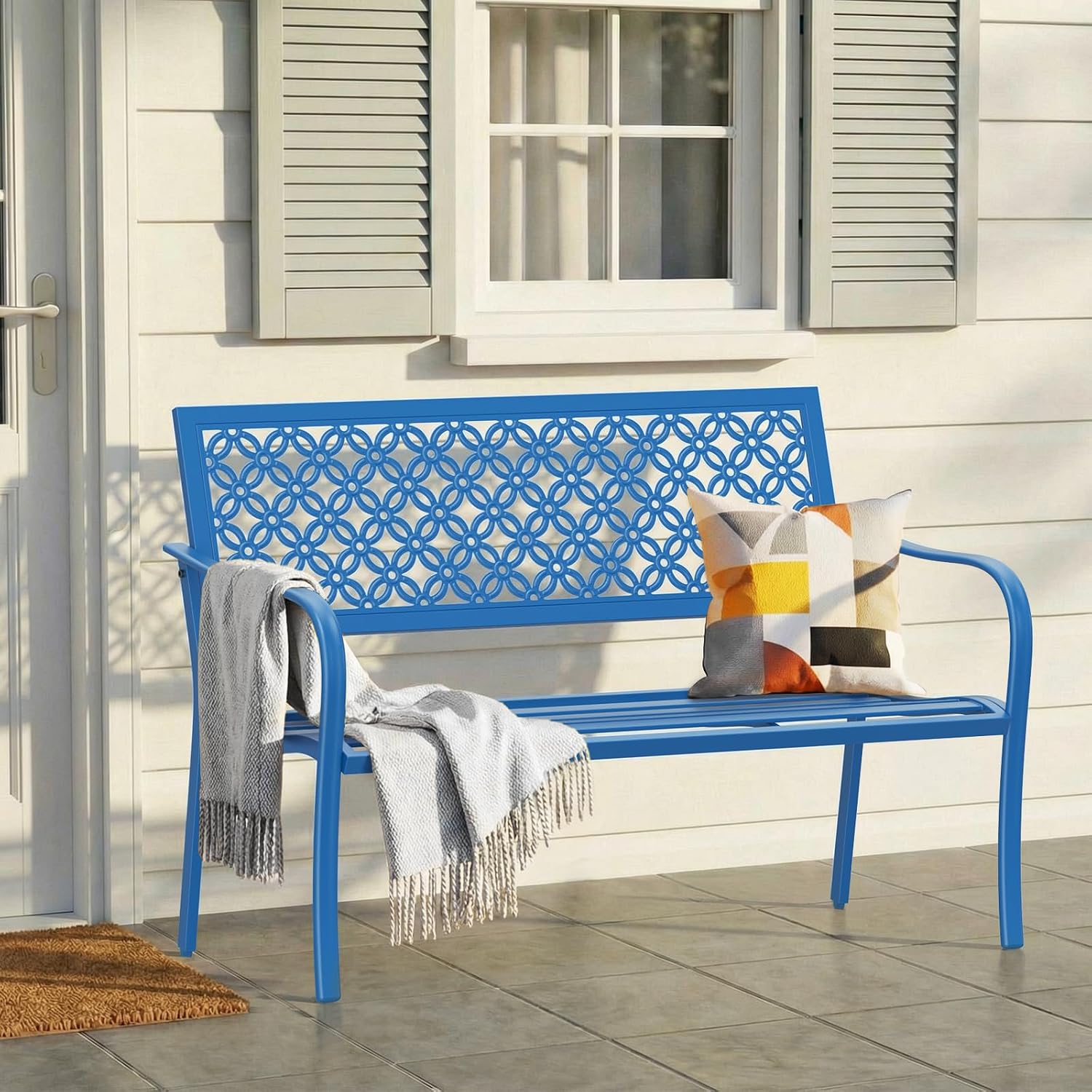 ONBRILL 50" Outdoor Bench Weatherproof, 700 lbs Capacity Heavy Duty Garden Benches with Galvanized Metal Frame, Patio Bench with Floral Backrest, Patio Furniture for Porch, Park, Yard, Entryway, Blue