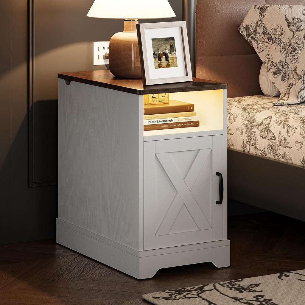 Farmhouse End Side Table with Charging Station White