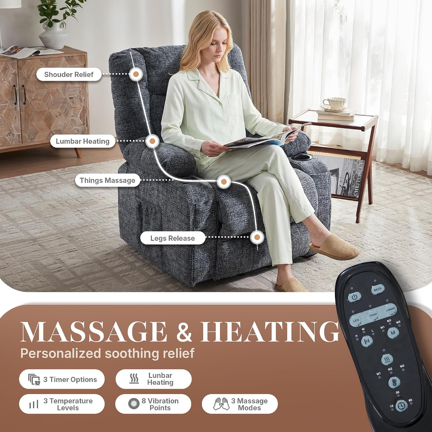 Massage Rocking Recliner Chair, Ergonomic Recliners Sofa with Vibration Massage & Heat, Rocking Chair Nursery Reclining Sofa with 2 Cup Holders, Side Pockets for Living Room Bedroom