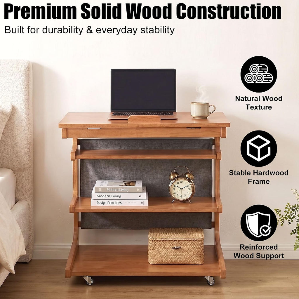 100% Solid Wood C Shaped End Table with Swivel Wheels, Lift Top Couch Table with Storage, Rolling Table that Slide Under Sofa & Bed, 15.75" D x 23.62" W x 24.8" H