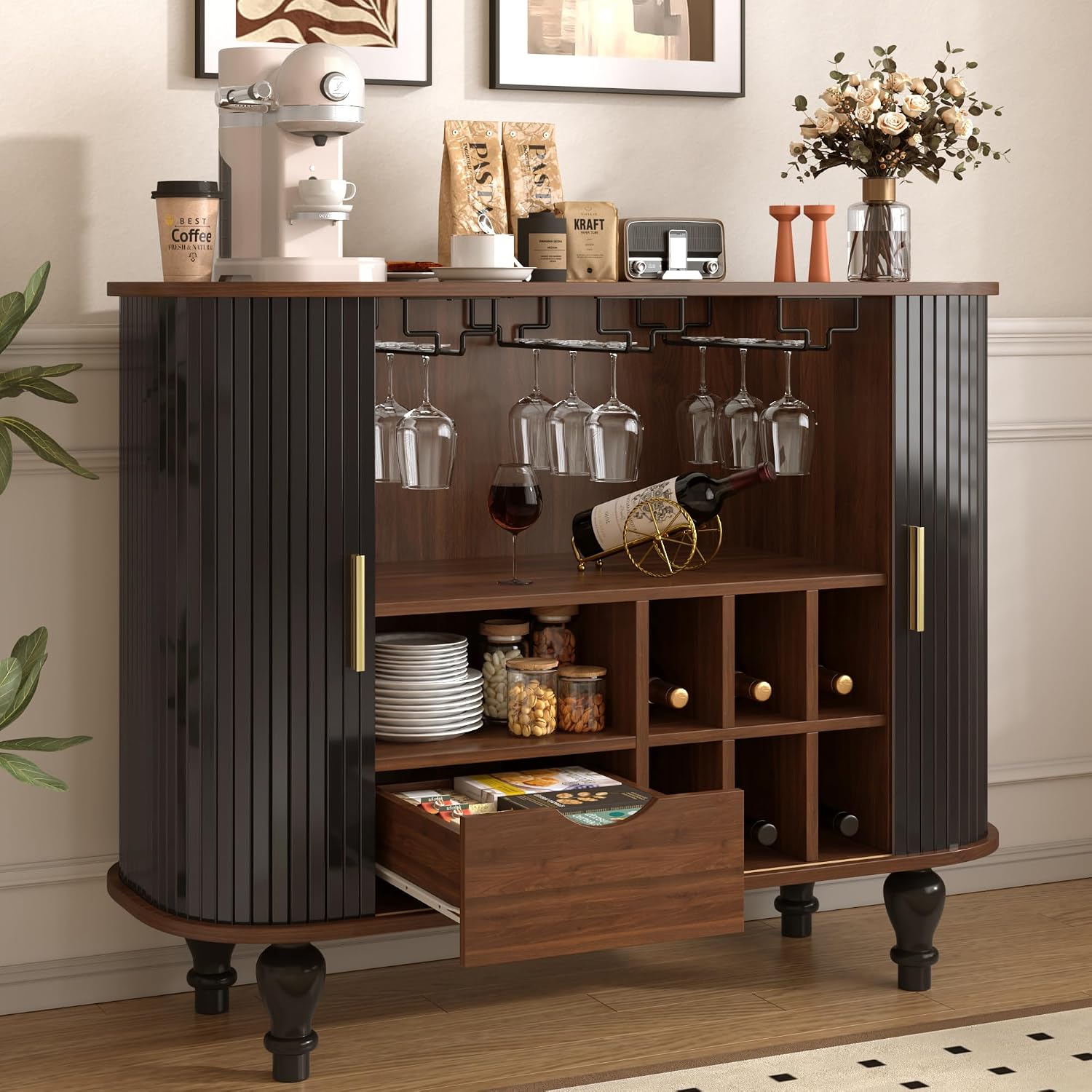 LUMISOL 39" Mid-Century Modern Fluted Wine Bar Cabinet, Wine and Coffee Bar Cabinet with 6-Bottle Wine Rack and 3 Glass Holders, Large Storage Drawer and Side Hidden Storage, Black