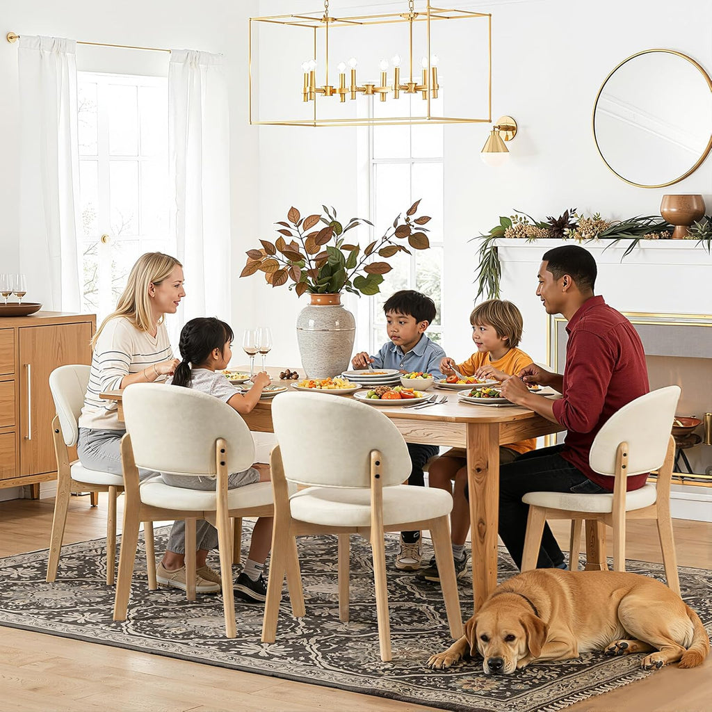 PU Leather Dining Chairs Set of 4, Upholstered Kitchen & Dining Room Chairs, Mid Century Modern Solid Oak Wood Dining Room Chairs with Curved Backrest, Beige