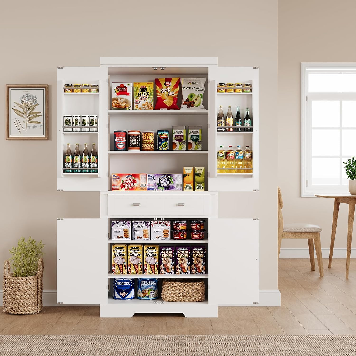72 Inch Pantry Cabinet, Space-Saving Wood Kitchen Storage Cabinet with Drawer, Door Shelves & Adjustable Shelves, Modern White Cupboard for Dining Room Apartments