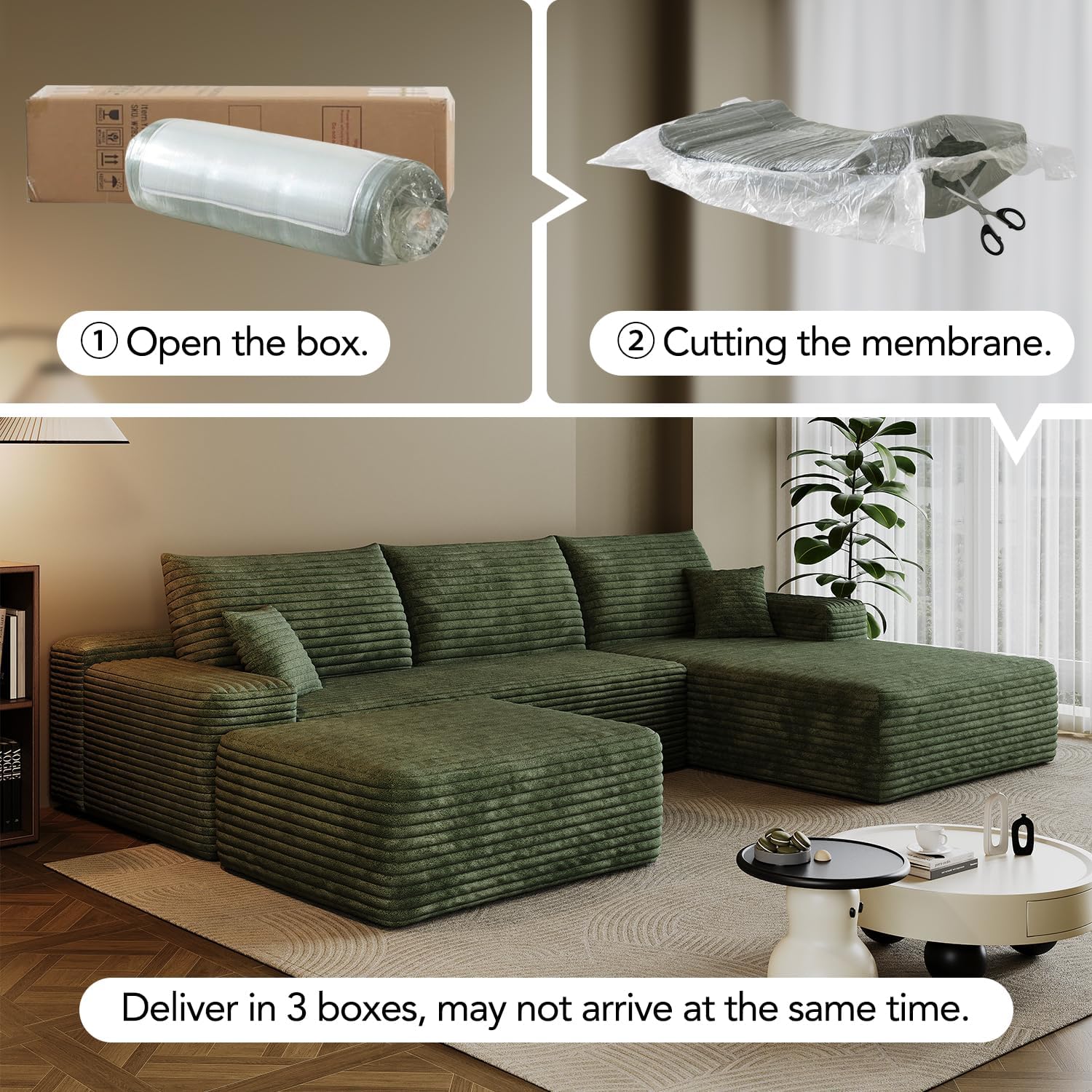 107.7" Boneless Sectional Couch Modern Modular U - Shape Corduroy Upholstered Sofa for Living Room - Deep Seat with Chaise and Ottoman(Green, 2 Seater+Right Facing Chaise+Ottoman)