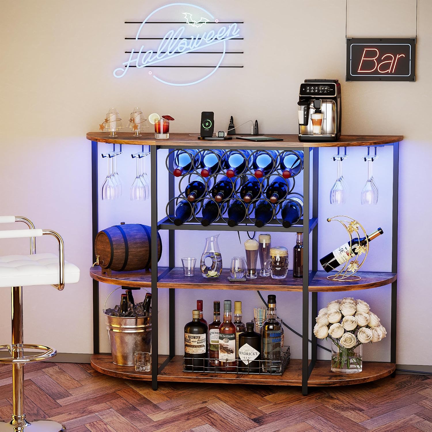 VICTONE Wine Bar Cabinet with LED Lights and Power Outlets, Freestanding Liquor Bar Cabinet Table with Glass Holder Wine Rack Table Mini Bar for Home Kitchen Dining Room