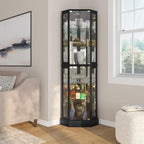 BELLEZE Lighted 3-Side Glass Display Curio Cabinet with Tempered Glass Doors and Shelves, Curved Wood Corner Cabinet with Bulb, Corner Curio Storage Rack for Bar and Liquor Storage - Ashfield (Black)