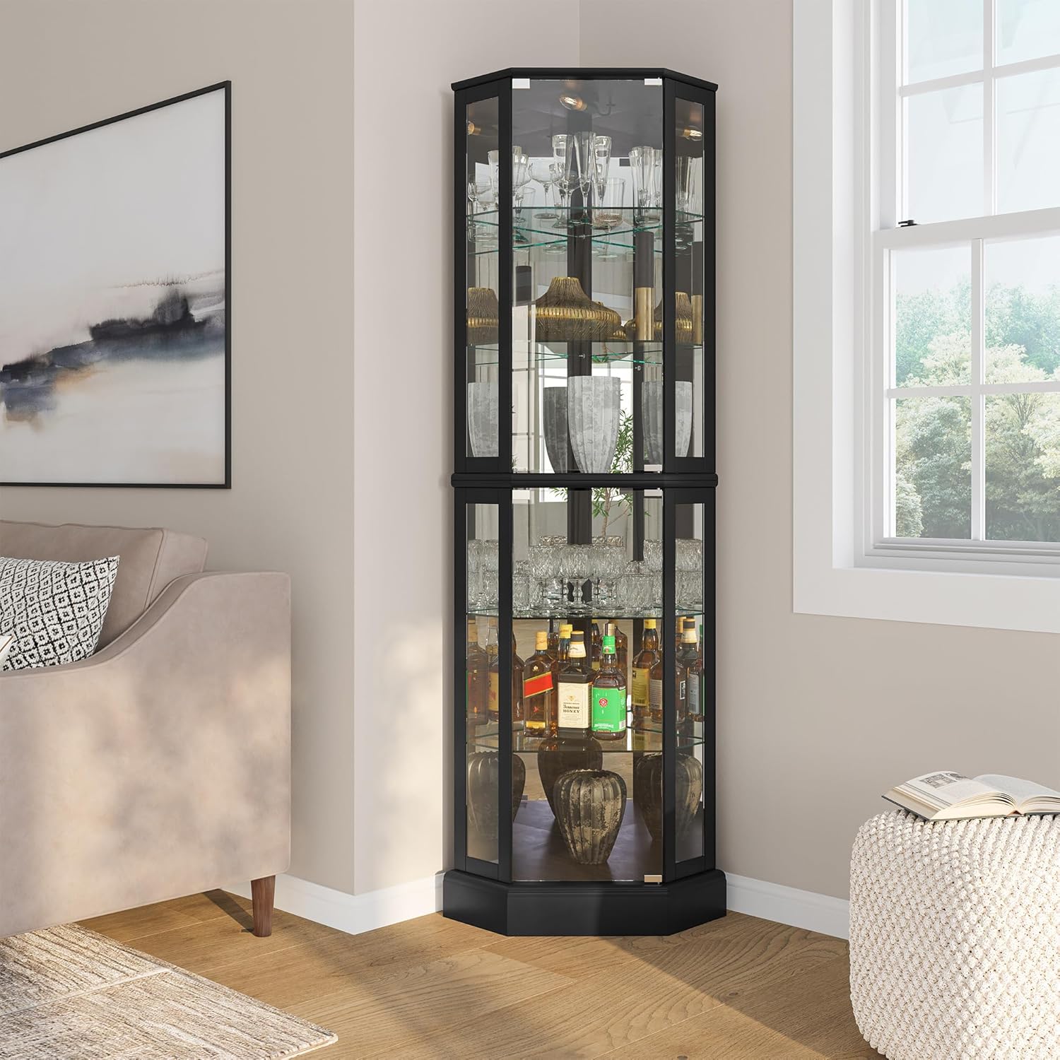 BELLEZE Lighted 3-Side Glass Display Curio Cabinet with Tempered Glass Doors and Shelves, Curved Wood Corner Cabinet with Bulb, Corner Curio Storage Rack for Bar and Liquor Storage - Ashfield (Black)