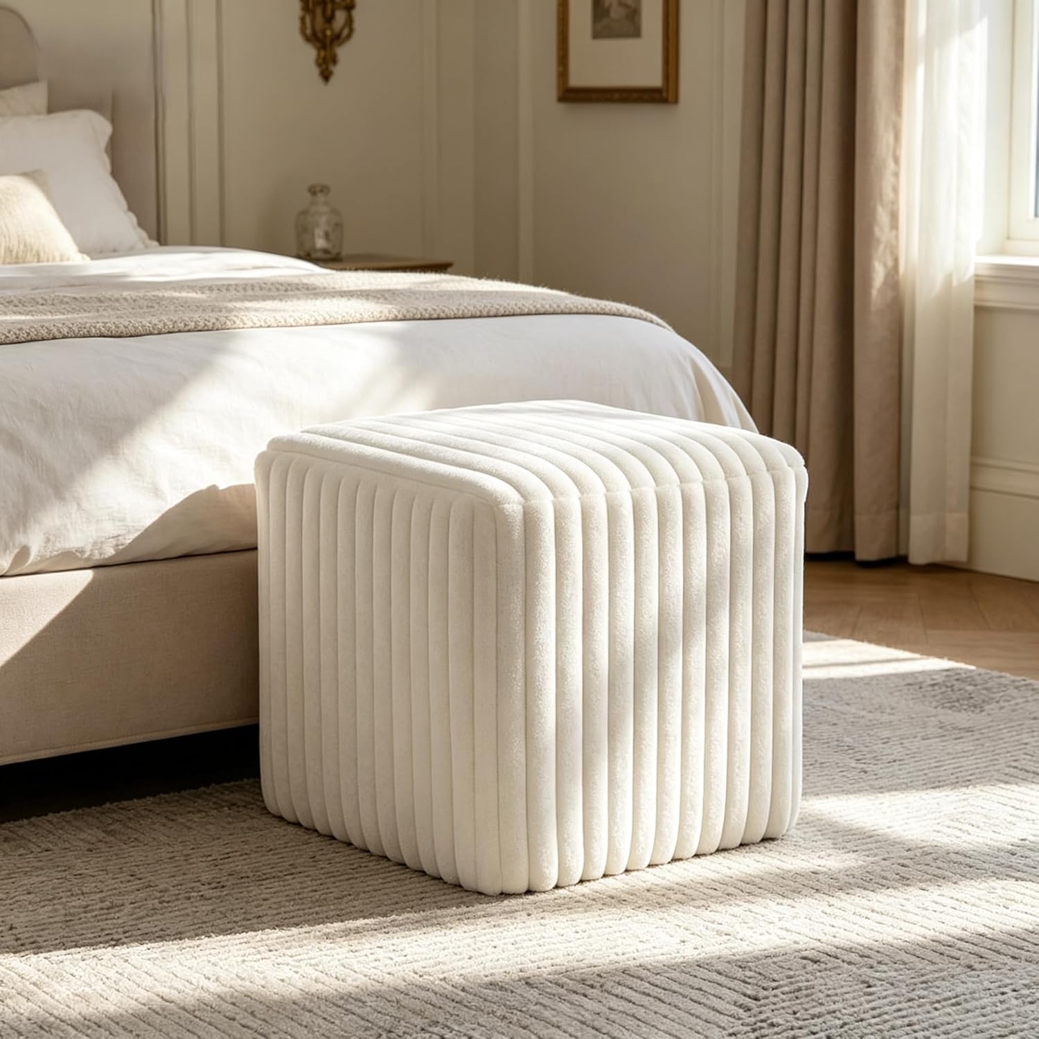 YDcosyfy Modern Square Ottoman, Vertical Channel Tufted Foot Stool Ottoman, Velvet Upholstered Vanity Stool for Makeup, Bedroom, Living Room, White