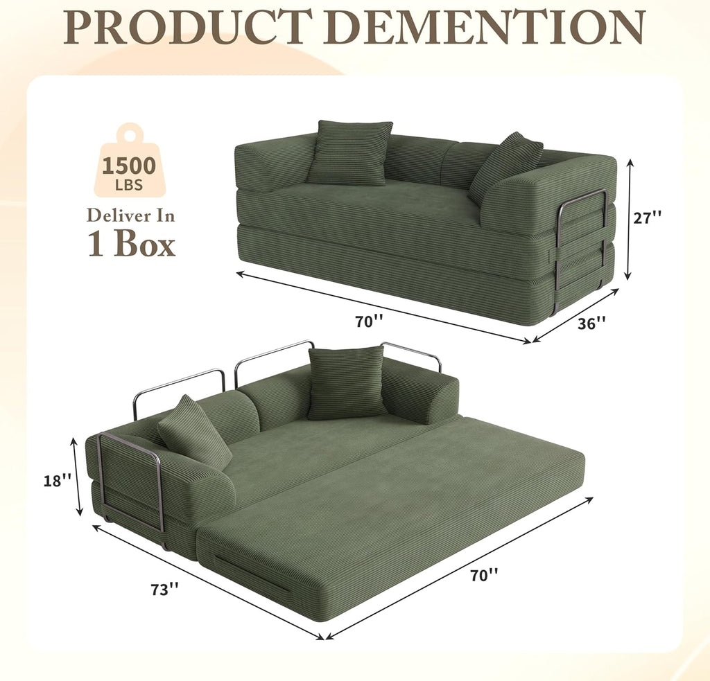 Cloud Boneless Couch Futon Sofa Bed, 5-in-1 Convertible Sofa Bed Pull Out Couch Sleeper Sofa Compressed Loveseat, 70" High-Density Sponge & Corduroy Fabric Futon Daybed for Living Room Bedroom(Green)