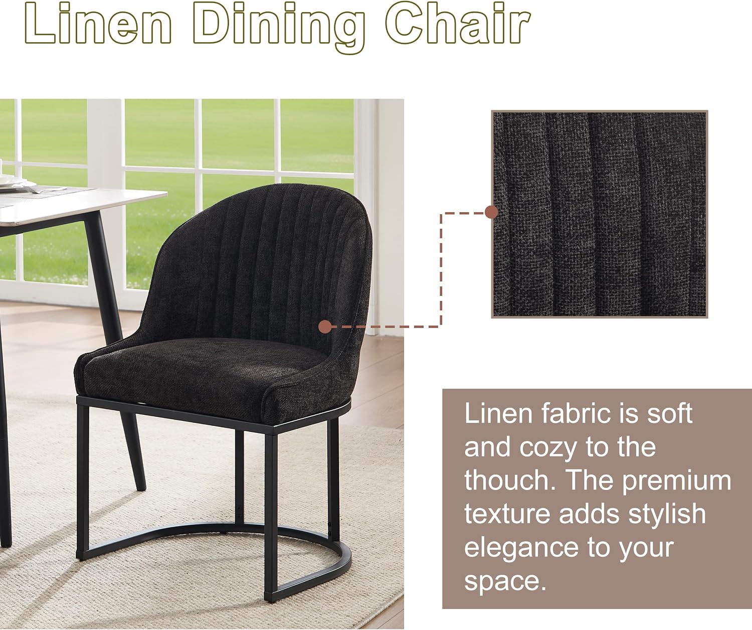 Dining Chairs Set of 2, Linen Upholstered Dining Room Chairs with Black Metal Legs, Modern Kitchen Side Chairs Reading Chair (Black+Black, Set of 2)