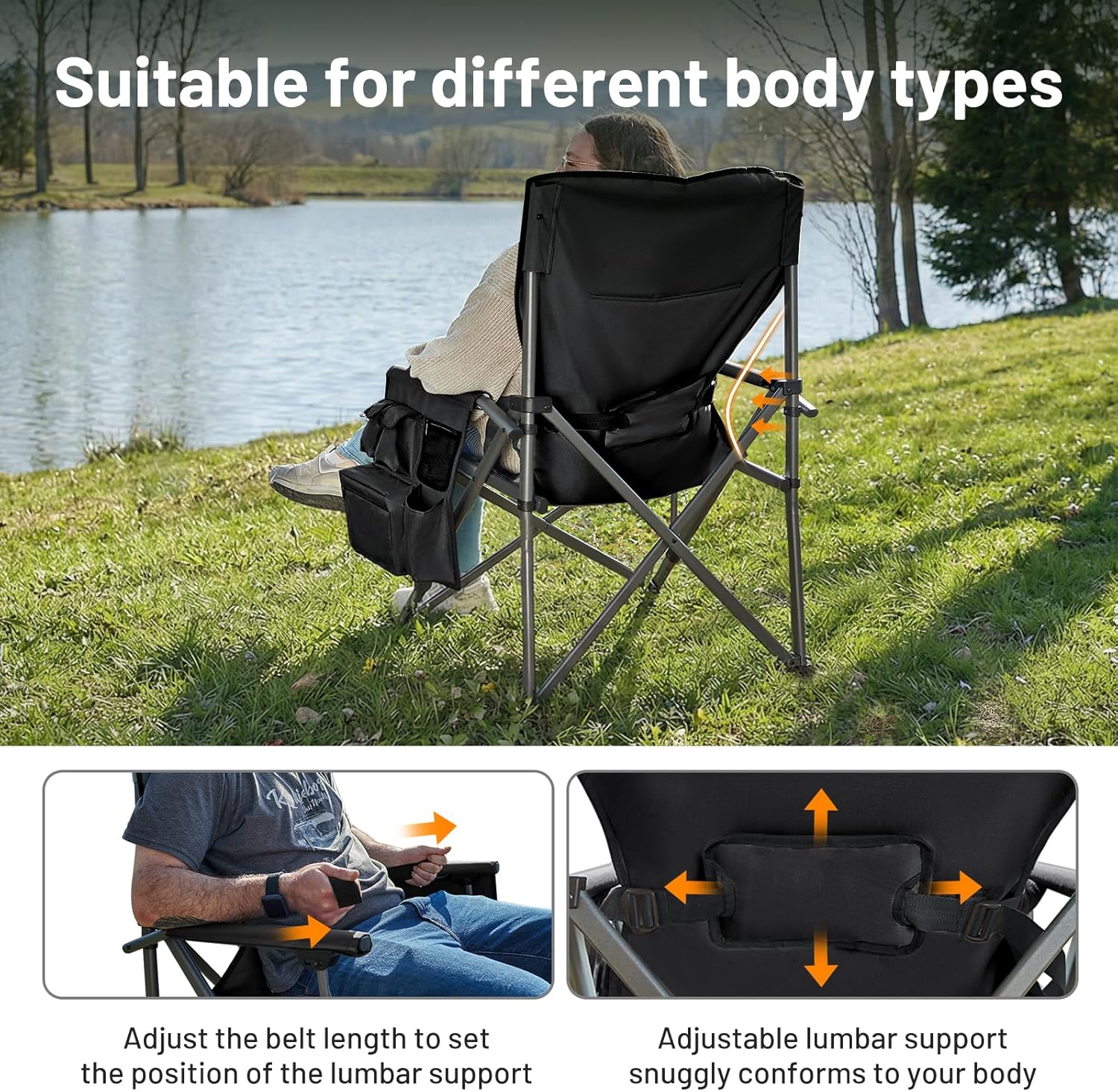 Timber Ridge Aluminum Oversized Camping Chair with Lumbar Support up to 500lbs, Heavy Duty Folding High Back Chair for Adults, Cup Holder, Cooler Bag, Side Pocket, 2 Pack