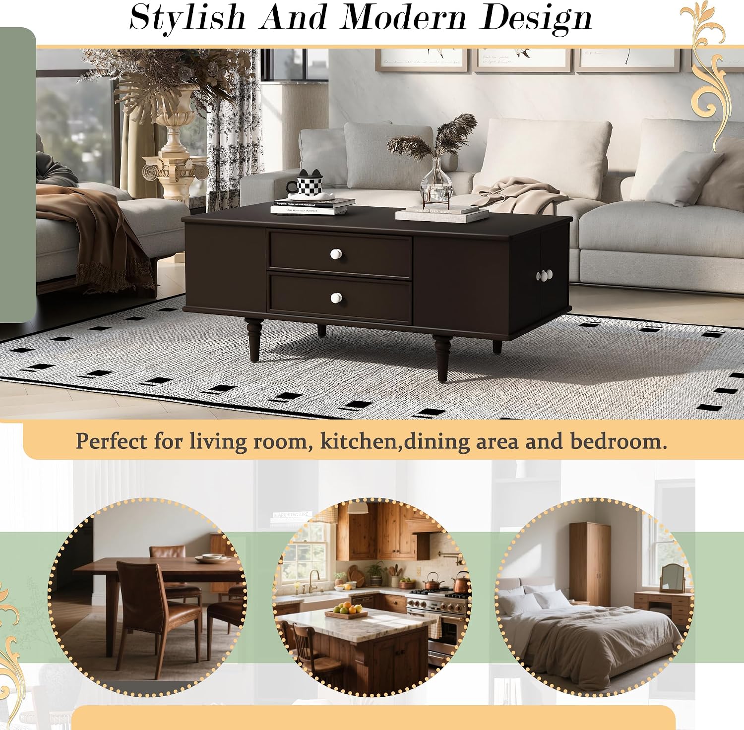 Modern Coffee Table with 4 Drawers, Hidden Side Table Compartments, Interior Shelves, Solid Wood Legs & Durable MDF Structure, End Table for Living Room, Kitchen, Dining Room & Bedroom, Easy Assembly