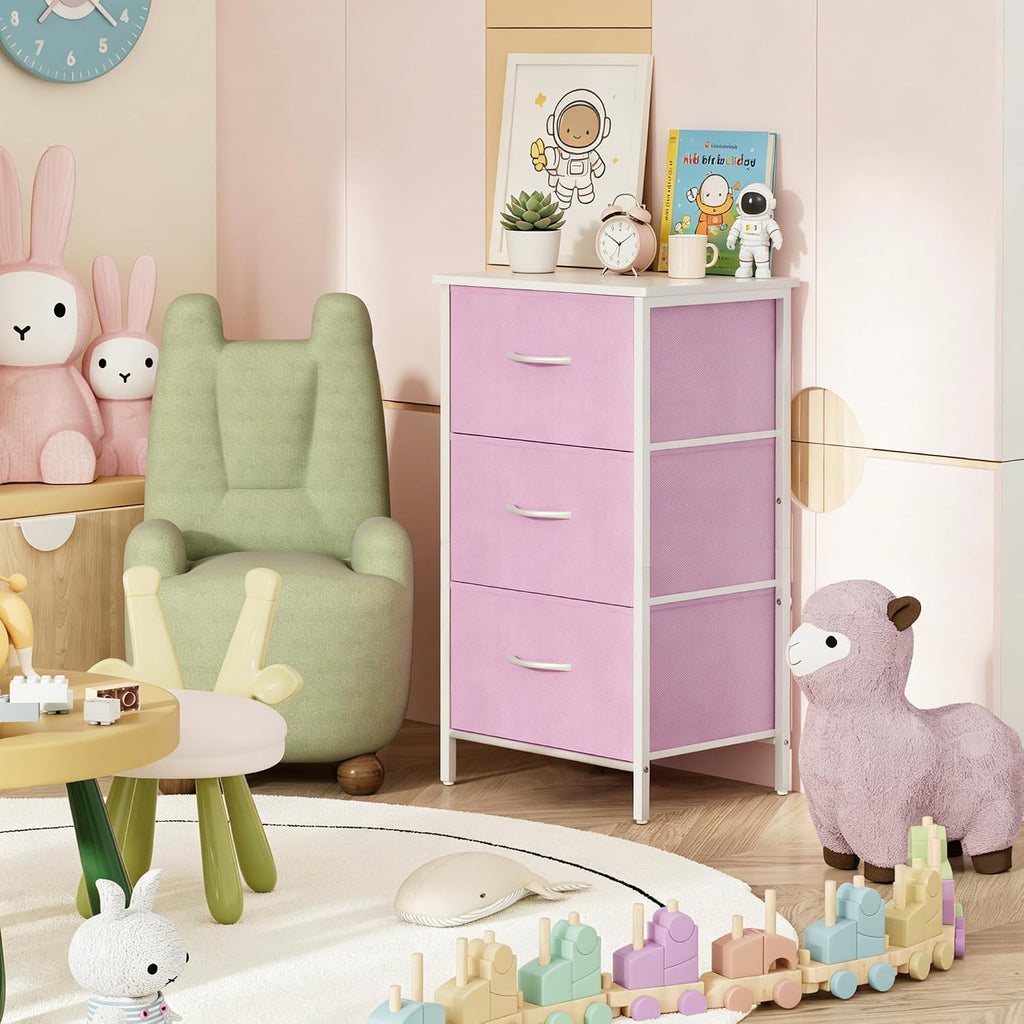 Stero Nightstand, Kids Dresser with 3 Drawers, Steel Frame Bedside Furniture, Wood Top Fabric Night Stand, Colorful End Table for Home, Bedroom, Office, Pink