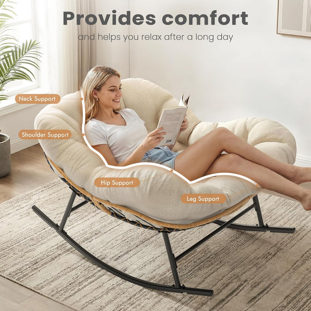 Easyego Oversized Papasan Rocking Chair Indoor Outdoor Use, Comfortable Wicker Rocker with Cozy Thicken Cushion for Deck, Balcony, Poolside, Lawn, Bedroom, Living Room, Cream White