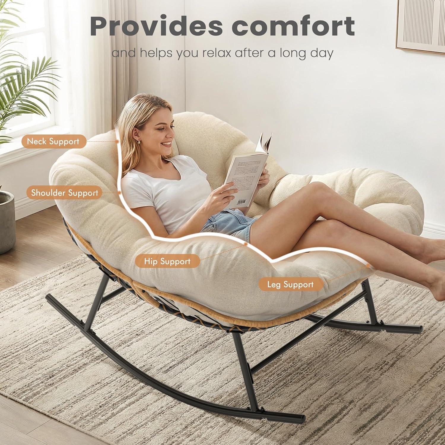 Easyego Oversized Papasan Rocking Chair Indoor Outdoor Use, Comfortable Wicker Rocker with Cozy Thicken Cushion for Deck, Balcony, Poolside, Lawn, Bedroom, Living Room, Cream White