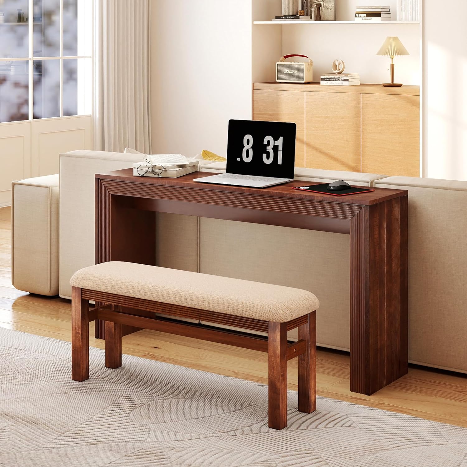 Console Table with Stools Counter Height Bar Table Set for 2, Dining Sofa Table Behind Couch Bar Table Set for Kitchen, Living Room, Walnut
