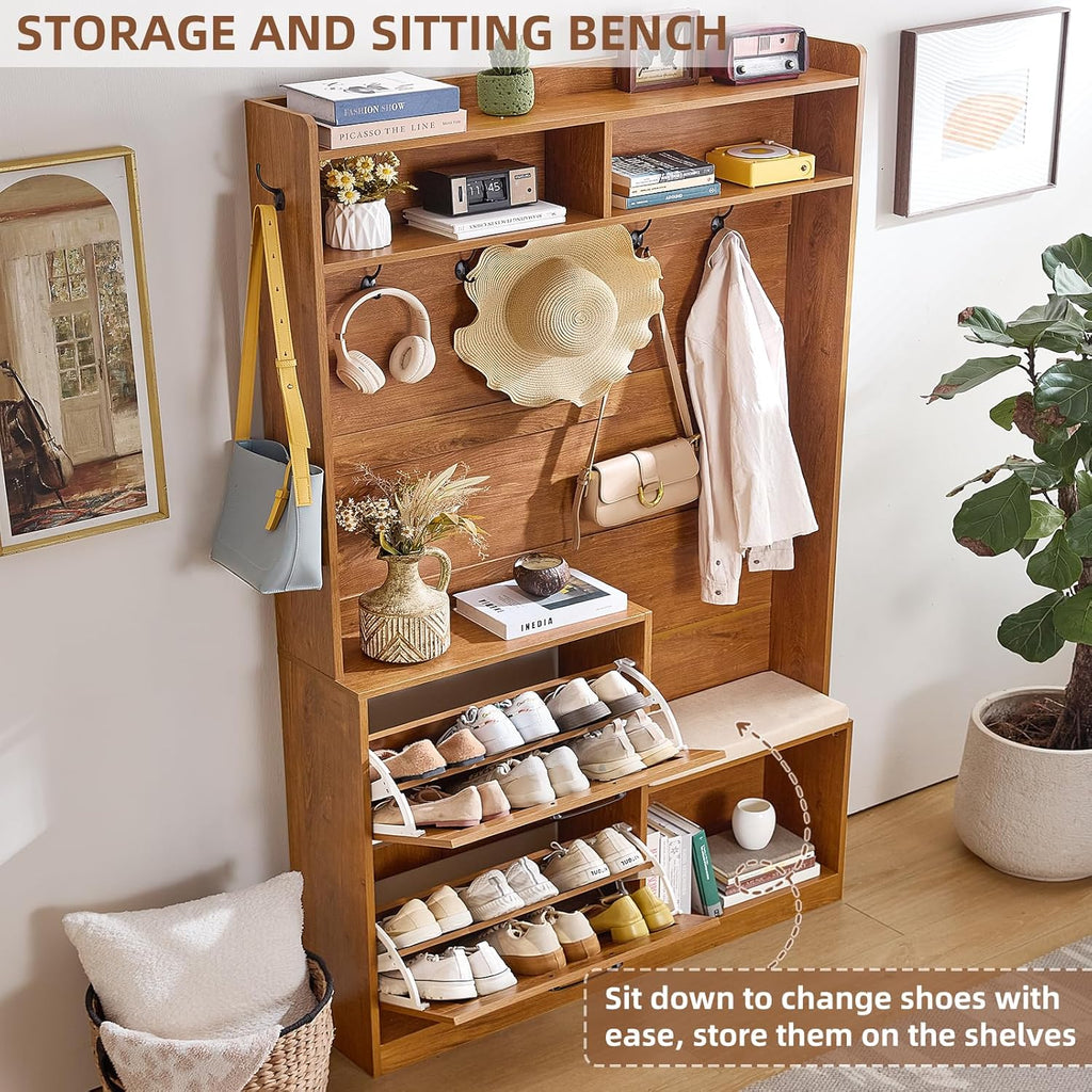 LEYAOYAO 78" Tall Boho Hall Tree with Bench & Shoe Storage, 4-in-1 Mudroom Coat Rack with 2 Flip Rattan Drawers & Cushioned Stool, Entryway Hall Tree Cabinet with 6 Hooks for Garage, Tea Brown