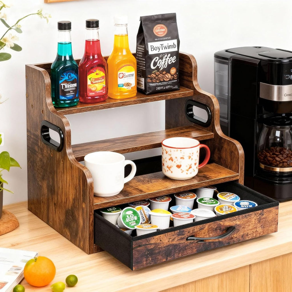Liquor Bottle Display Shelf 3 Floors with Drawers | Countertop Wine Rack, Accommodates 12 Bottles and 36 K Cups, Minibar Coffee Syrup Storage Box, Whiskey