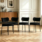 Boucle Dining Chair Set of 6, Mid Century Modern Upholstered Kitchen Chairs with Curved Backrest & Black Metal Legs, Round Dining Room Chairs, Black